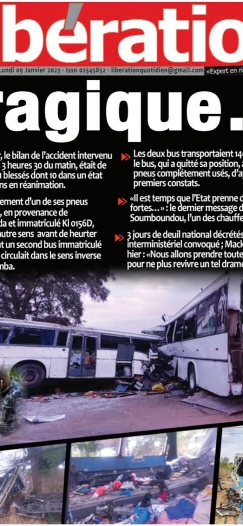 Accident mortel à Kaffrine à la Une du journal Libération…