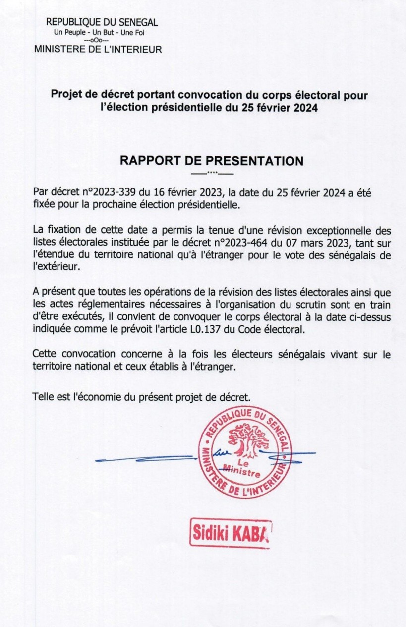 Présidentielle 2024: le ministre de l&rsquo;Intérieur publie le décret portant convocation du corps électoral