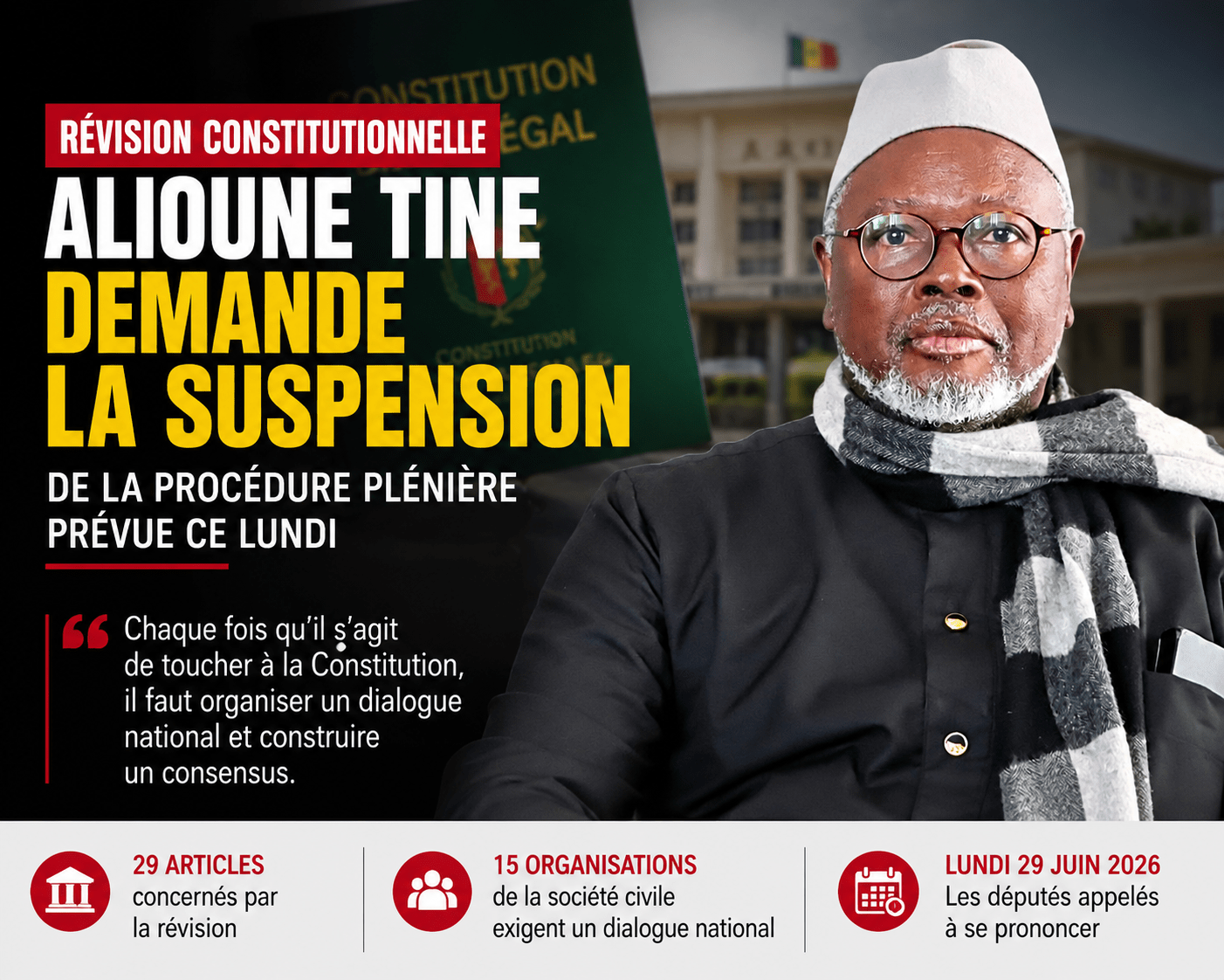 Révision constitutionnelle : Alioune Tine appelle à suspendre l&rsquo;examen du texte et réclame un dialogue national
